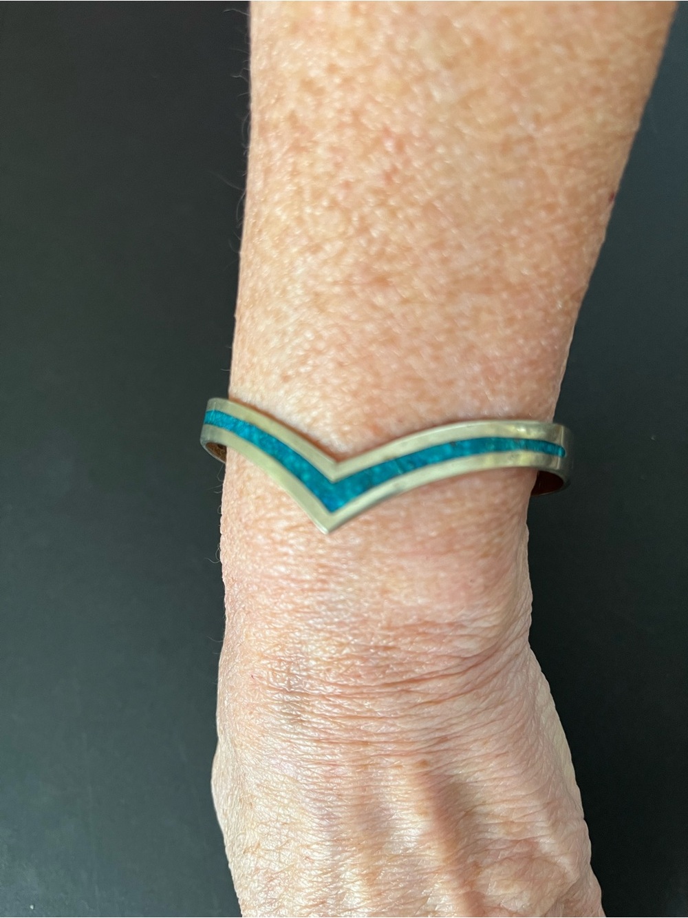 Vintage Alpaca Crushed Turquoise Chip Inlay V-Shaped Chevron Cuff